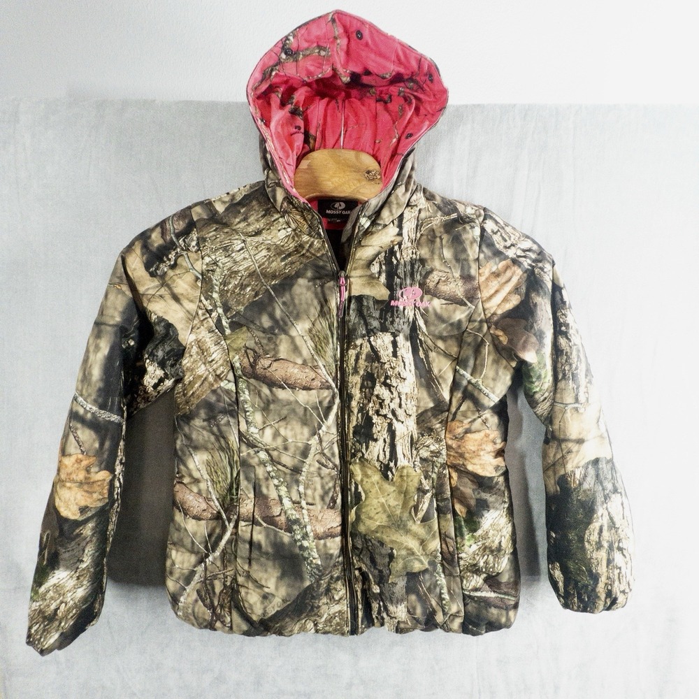 Mossy Oak Women Large Camo‎ Puffer Jacket Coat Hood Pink Comfy Hunting Pockets